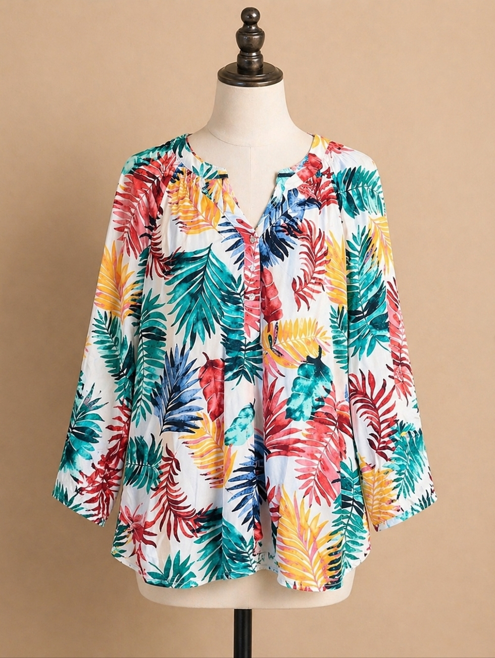 Ruby Rd Tropical Palm Leaf Blouse | Relaxed Fit Colorful Linen Blend